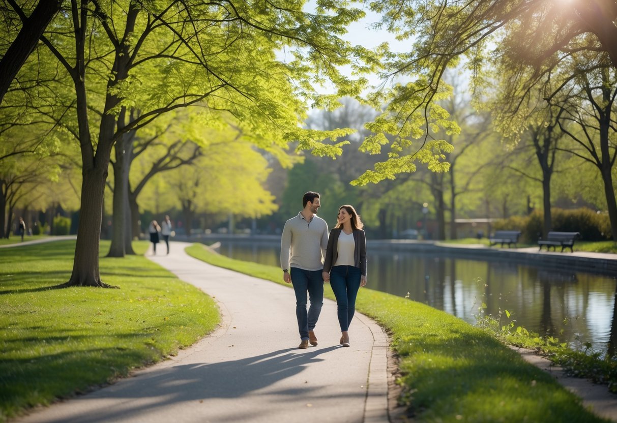 A couple walking hand-in-hand along a tree-lined path in a green park with a pond in the background.
