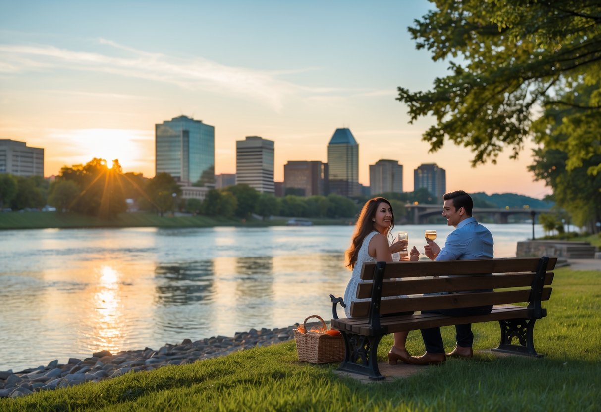 A young couple enjoying a picnic by the river with the Morgantown city skyline and trees in the background at sunset.
