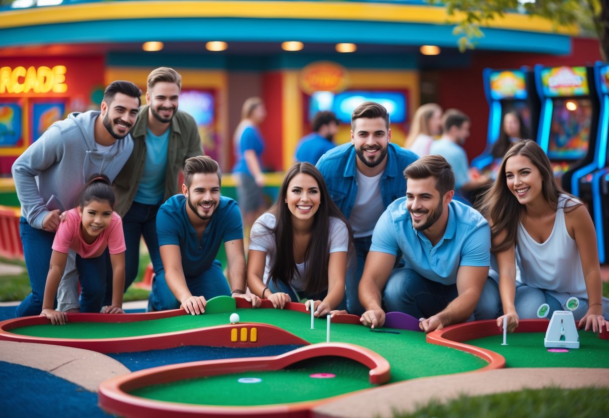 People enjoying mini-golf and arcade games together at a family entertainment center.