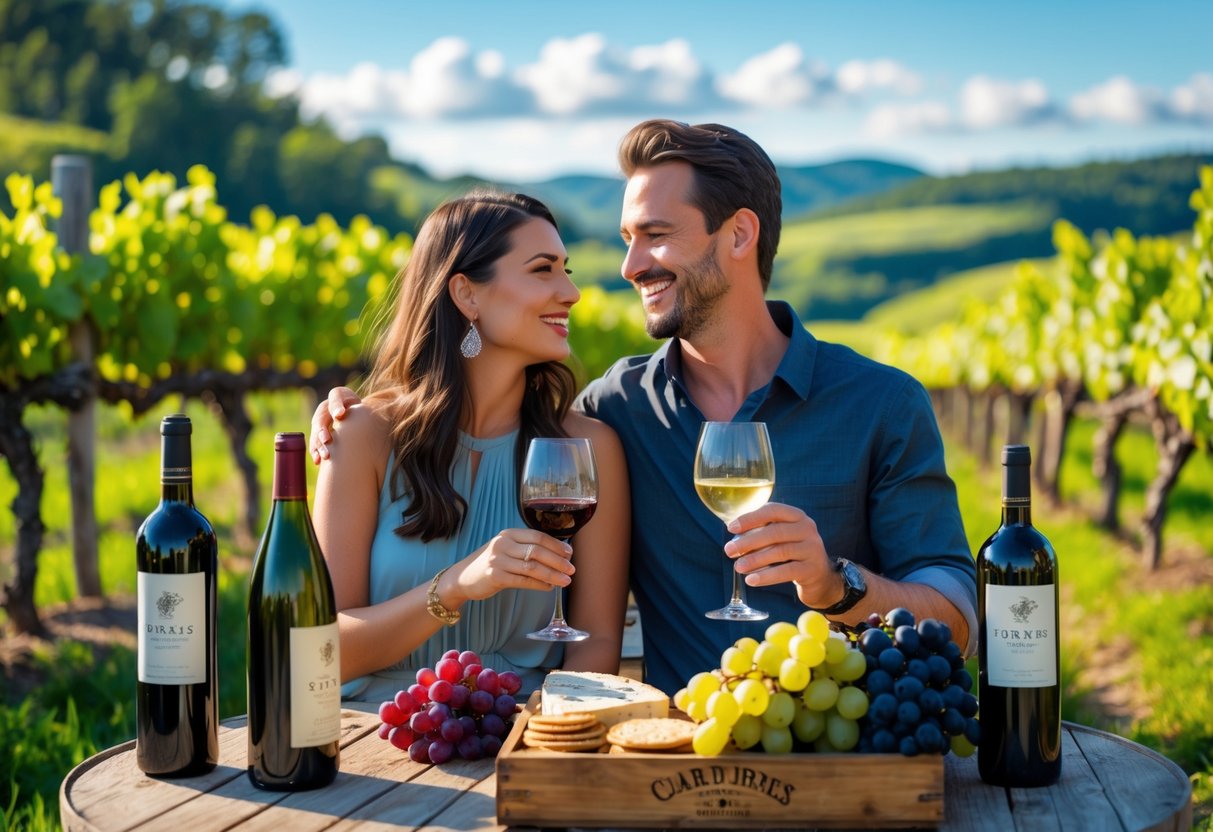 A couple enjoying wine tasting outdoors at a winery with vineyards and hills in the background.