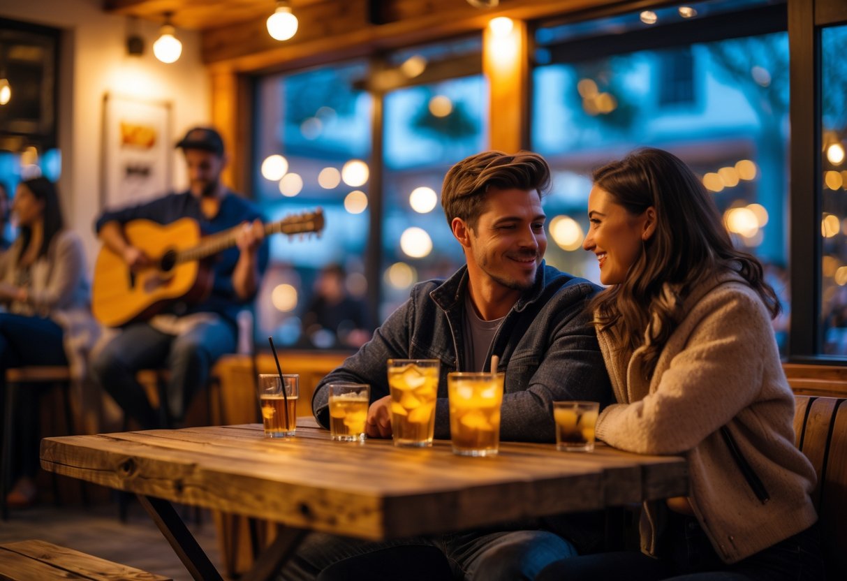 A young couple enjoying live music at a cozy indoor venue with a musician playing guitar on stage.