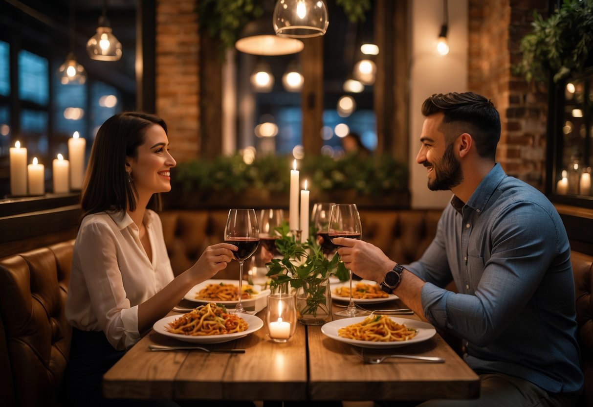 A couple enjoying a romantic dinner at an Italian restaurant with warm lighting and rustic decor.