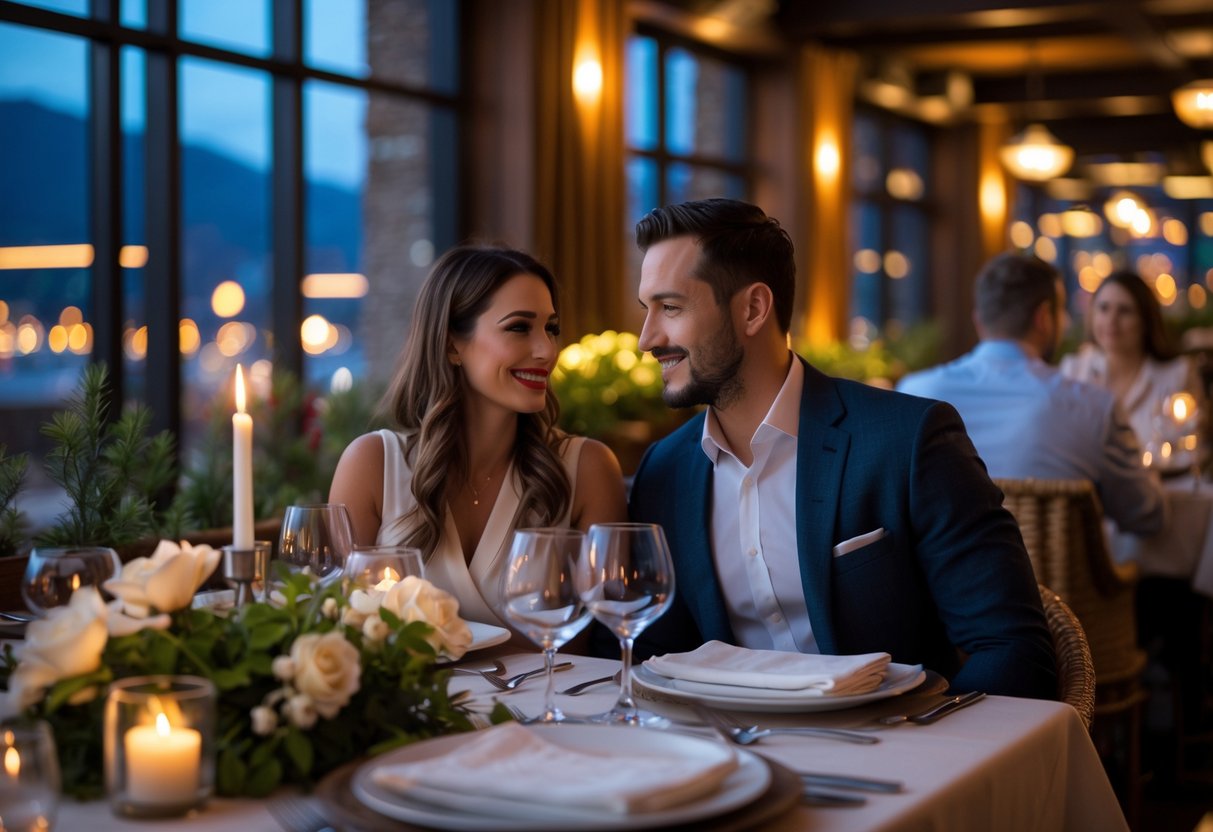 A couple enjoying a romantic dinner together at a cozy restaurant table.