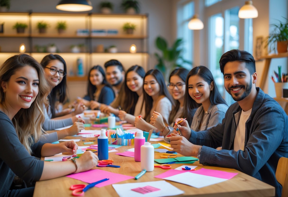 A group of young adults happily making crafts together at a table in a cozy indoor space.