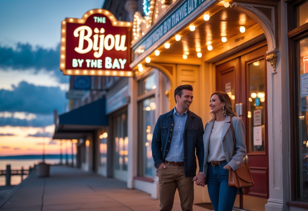 A young couple holding hands outside the Bijou by the Bay theater in Traverse City near the waterfront at sunset.