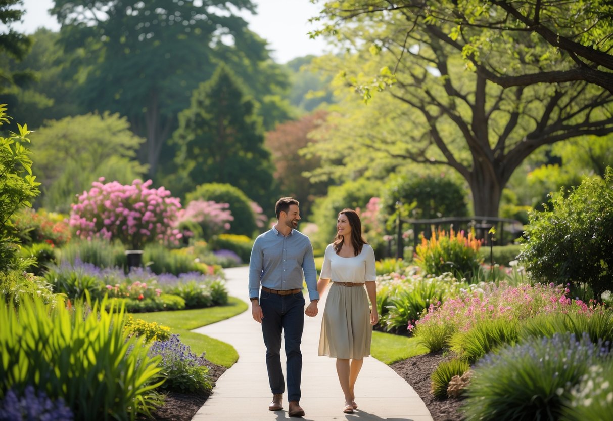 A couple walking hand-in-hand along a garden path surrounded by trees and colorful flowers.