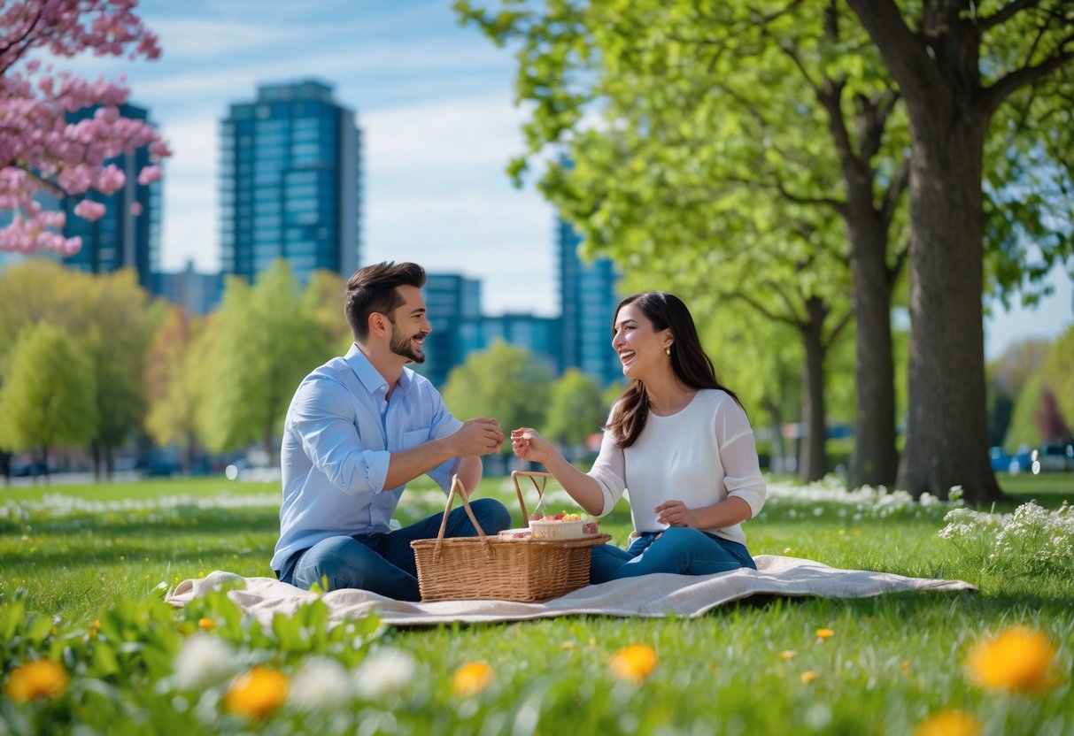 A young couple enjoying a picnic together in a park with green trees and city buildings in the background.