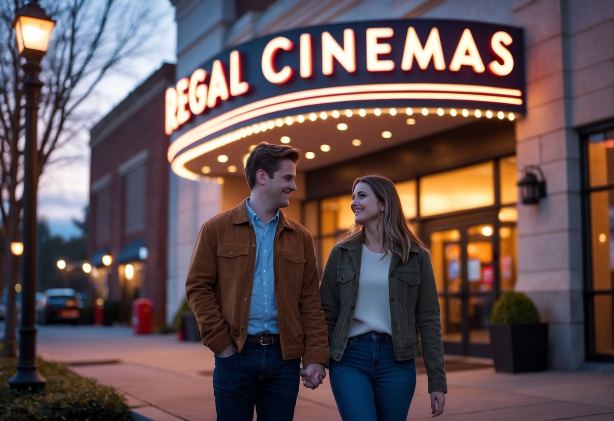 A young couple holding hands and walking toward the entrance of Regal Cinemas in Morgantown, West Virginia, with the theater building visible behind them.