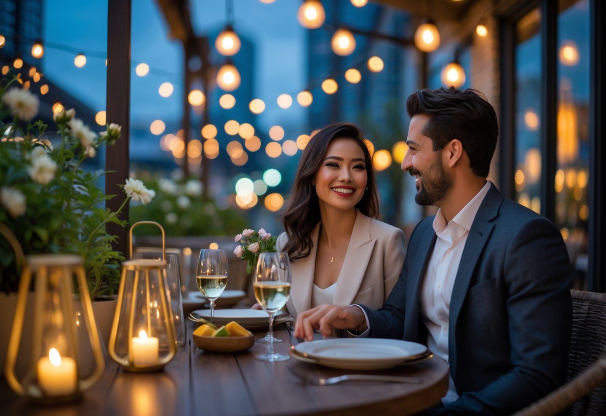 A couple enjoying a romantic dinner outdoors at a softly lit café patio in an urban setting.