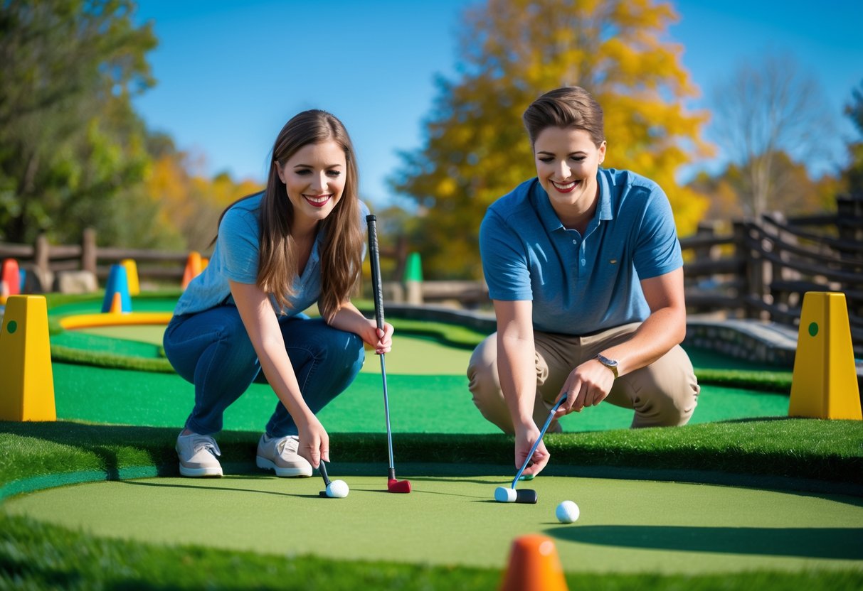 A young couple playing mini golf outdoors on a sunny day surrounded by green turf and colorful obstacles.