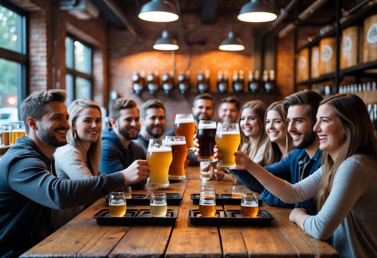 A group of young adults enjoying craft beer tasting together around a wooden table inside a brewery.