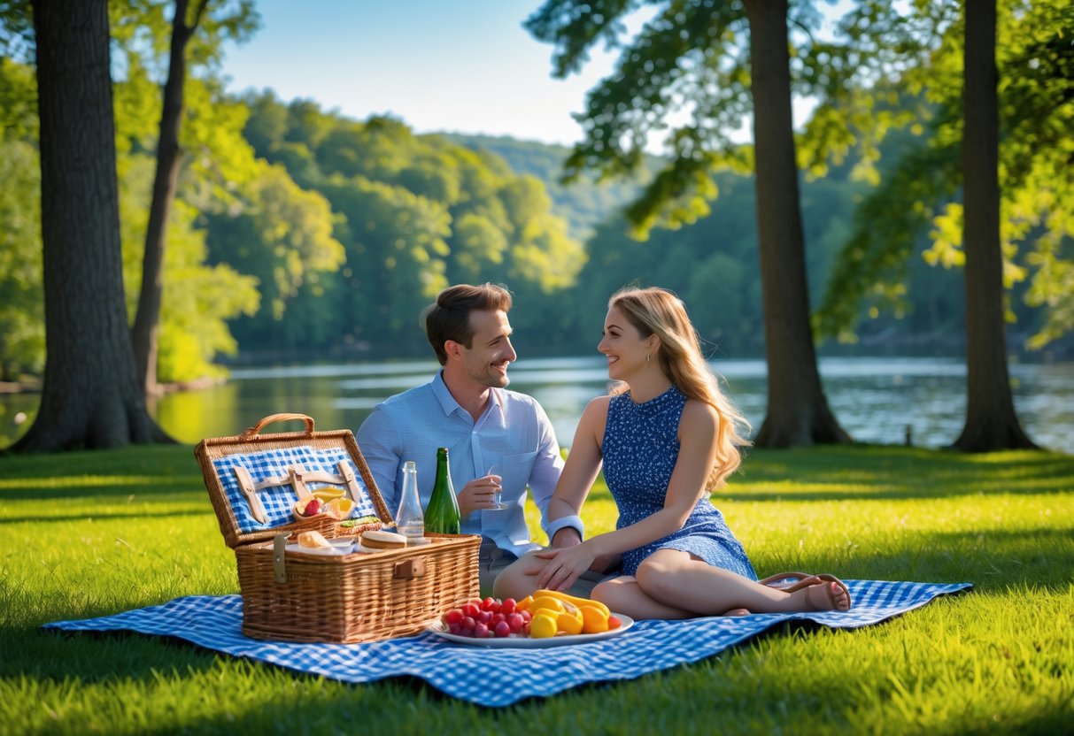 A young couple having a picnic on a blanket in a green park with trees and a river in the background.
