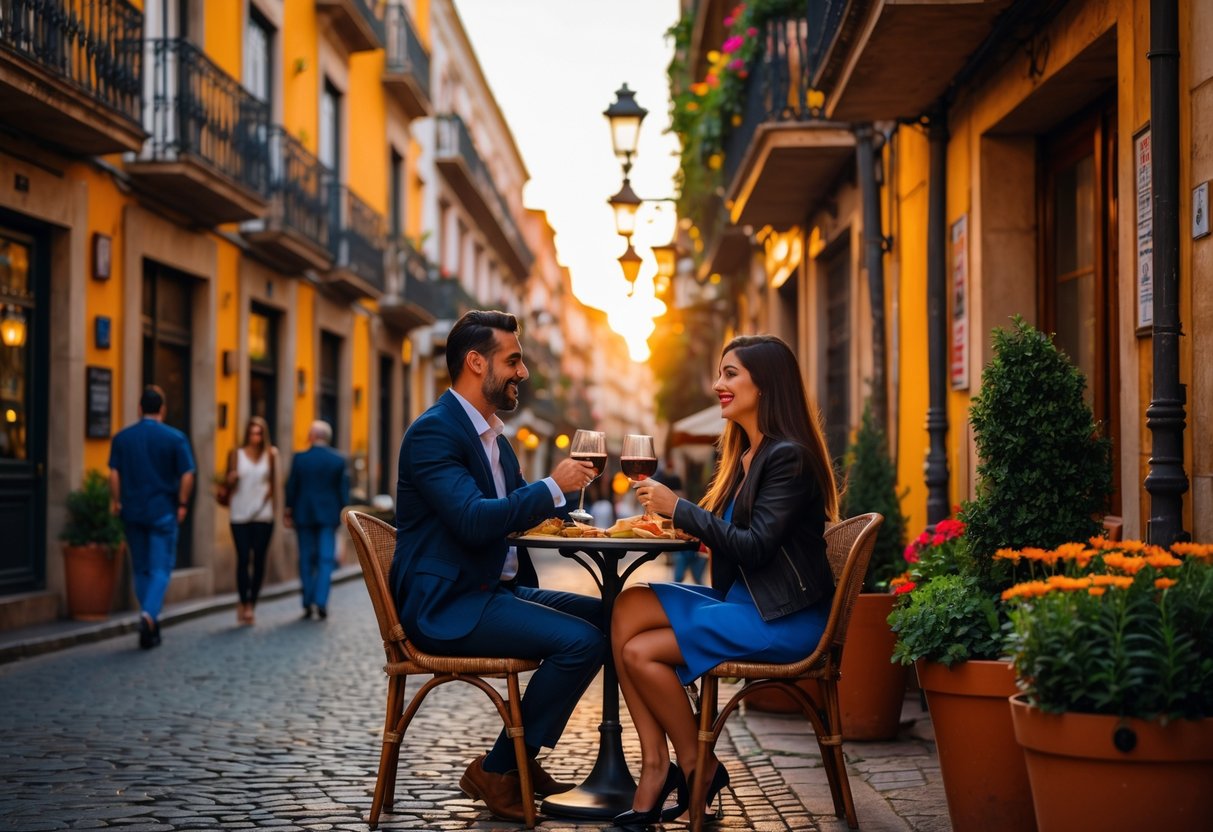 A couple enjoying a date at an outdoor café in a lively Madrid street with traditional buildings and warm sunlight.