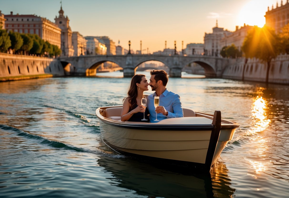 A couple enjoying a sunset boat ride on the Manzanares River in Madrid, holding champagne glasses.