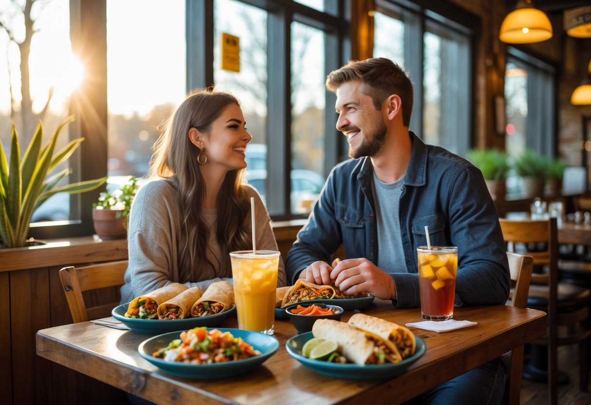A young couple enjoying brunch together at a cozy restaurant table with burritos and drinks.