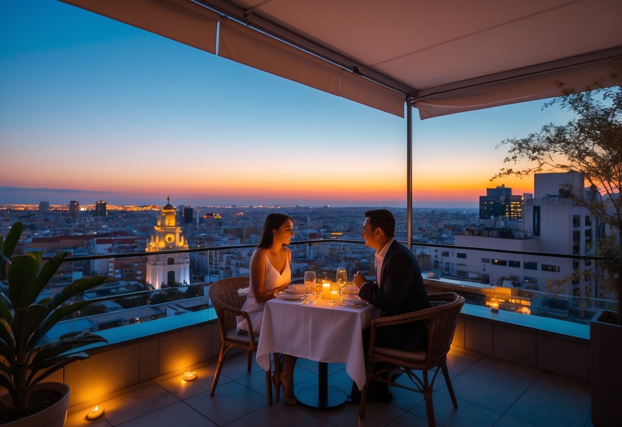 A couple enjoying a romantic dinner at a rooftop restaurant with city views of Madrid at sunset.