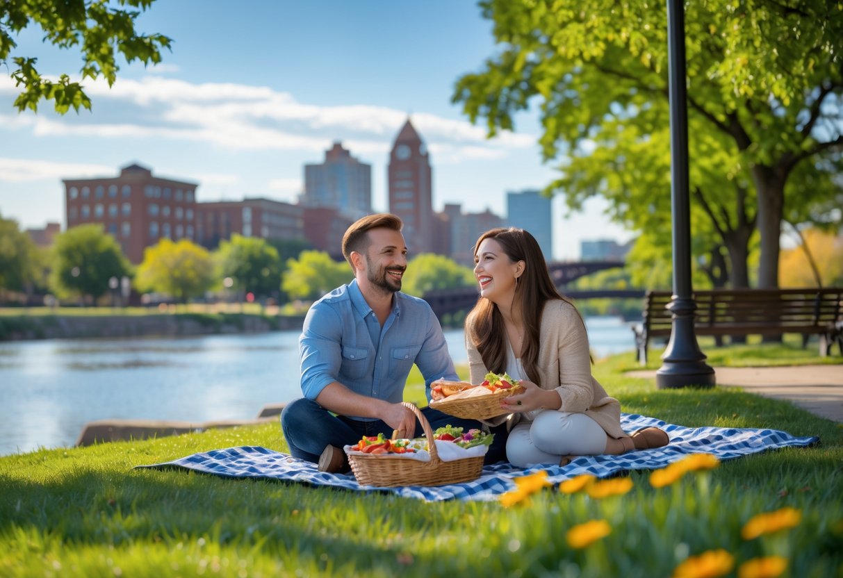 A couple enjoying a picnic together in a green park near a river with a city skyline in the background.