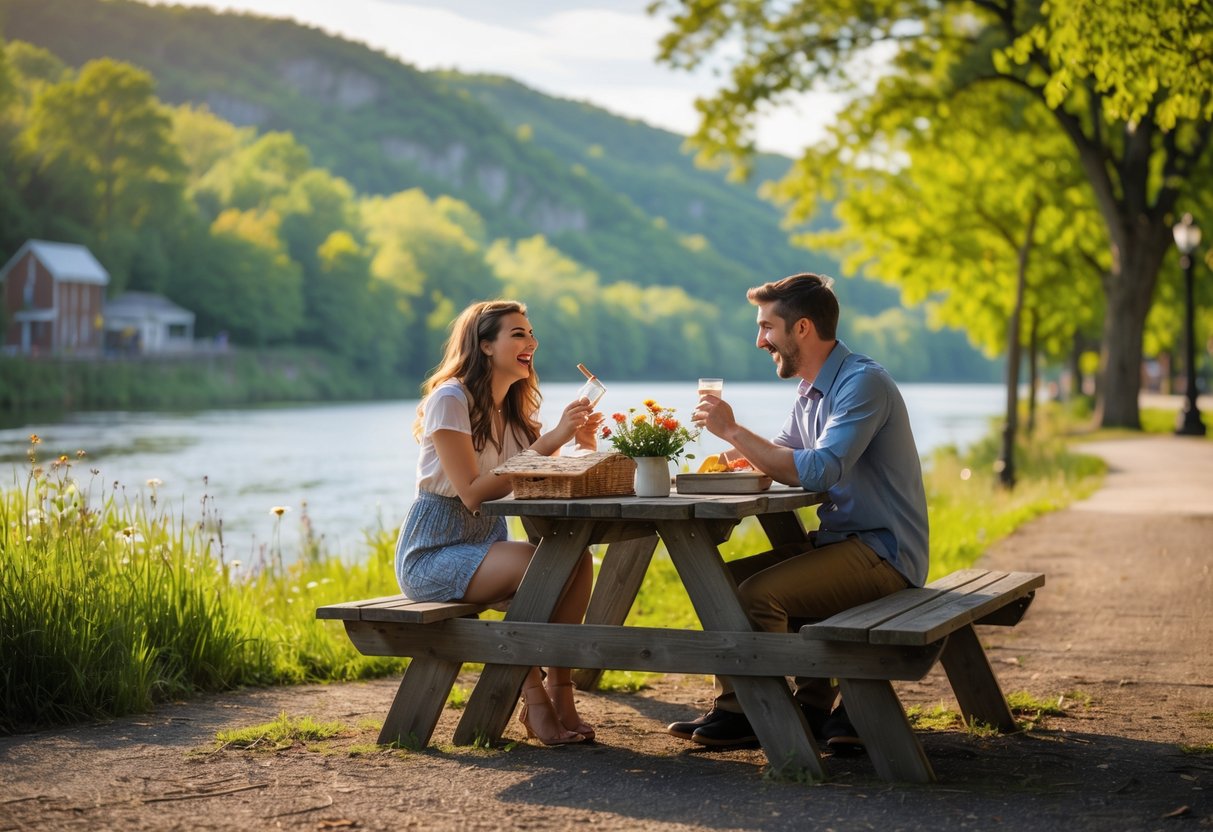 A young couple enjoying a picnic by the river with green hills and trees in the background.