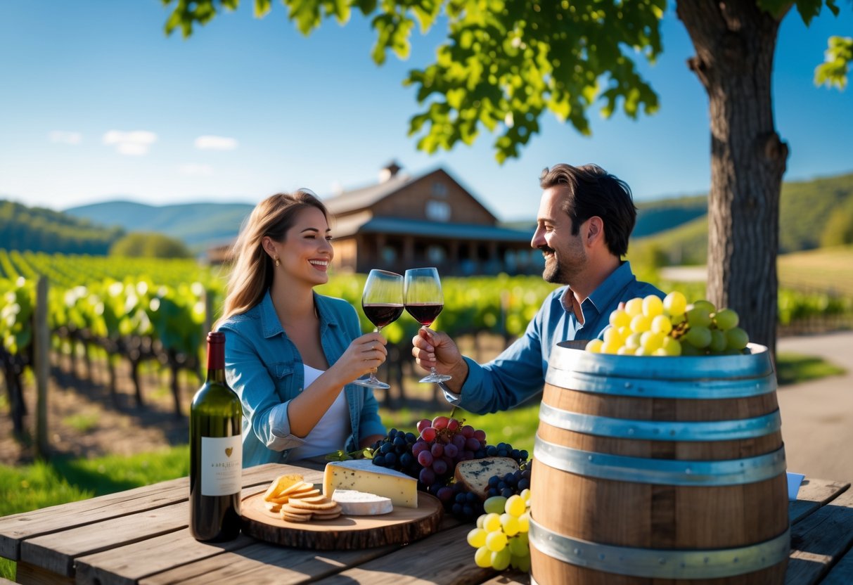 A couple enjoying wine tasting outdoors at a vineyard with a table of wine, cheese, and grapes surrounded by green vineyards and hills.