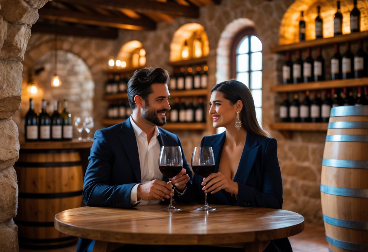 A couple enjoying a wine tasting at a local bodega with wine bottles and barrels around them.