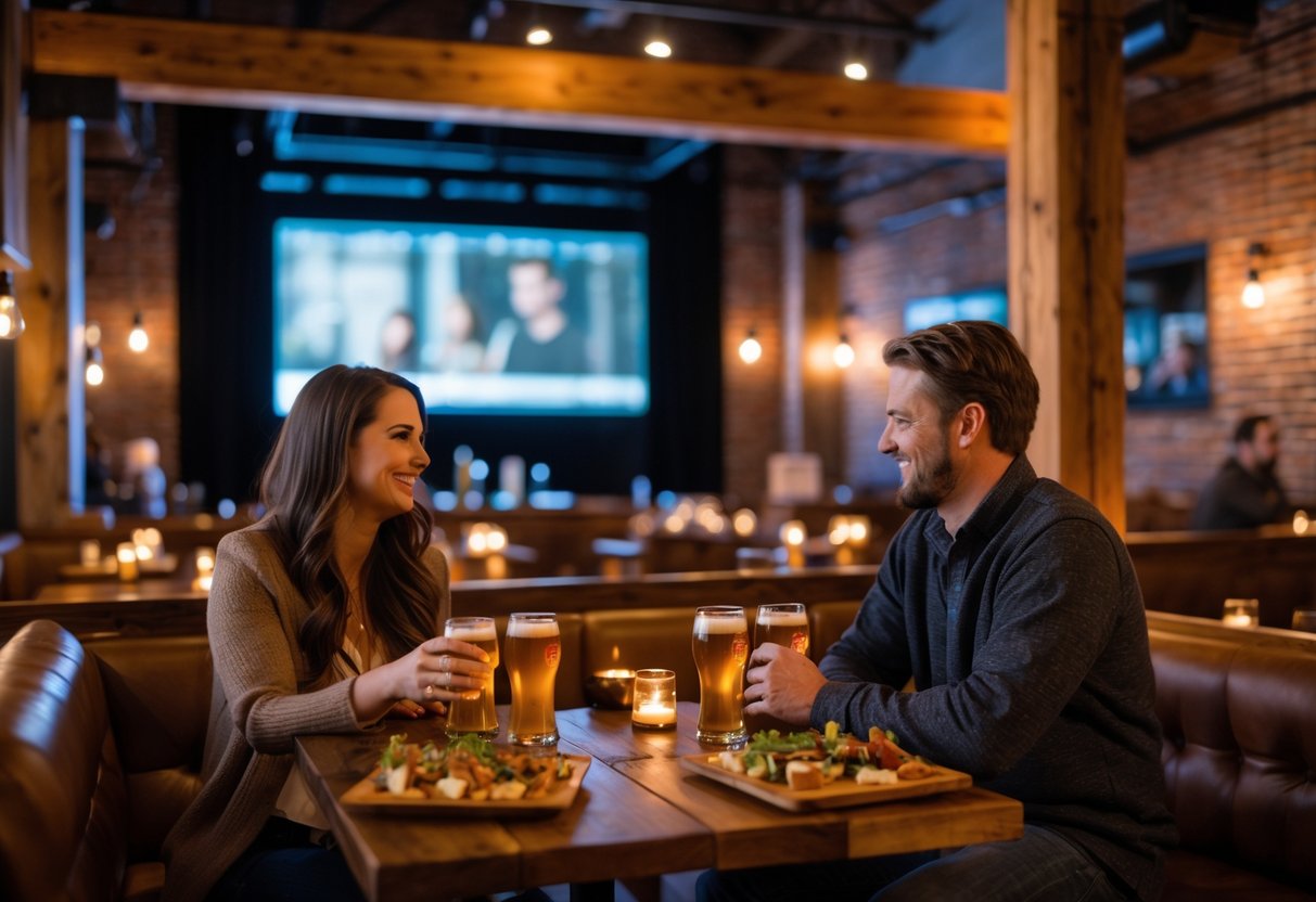 A couple enjoying drinks and food at a brewery with a movie playing in the background.