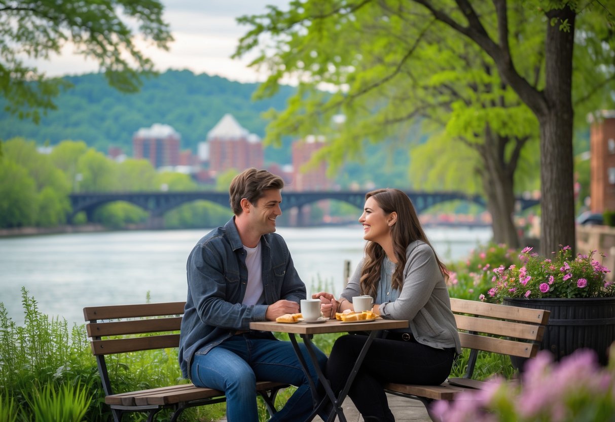 A young couple sitting at a table outdoors near a river with a city skyline in the background, enjoying a relaxed date together.