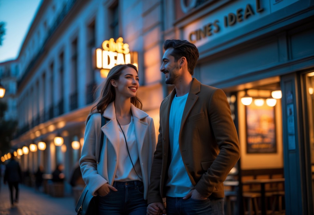 A young couple holding hands and smiling outside an indie cinema in Madrid during early evening.