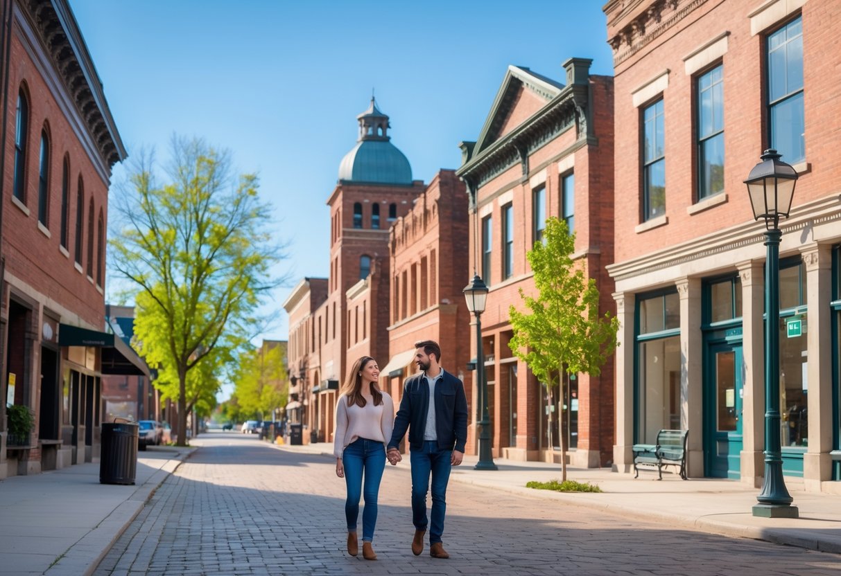 A couple walking hand-in-hand along a historic downtown street with brick buildings and trees on a sunny day.