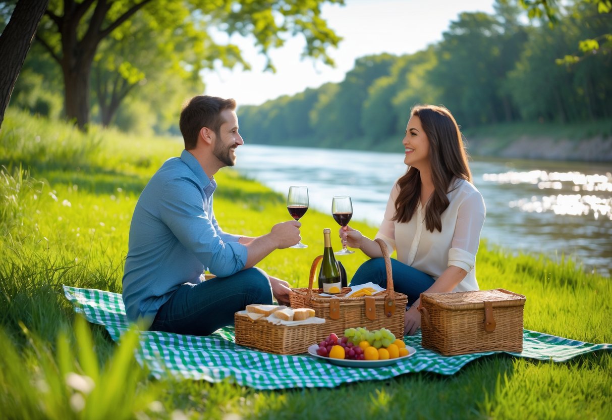 A couple having a picnic on a grassy riverbank by the Minnesota River with trees and water in the background.