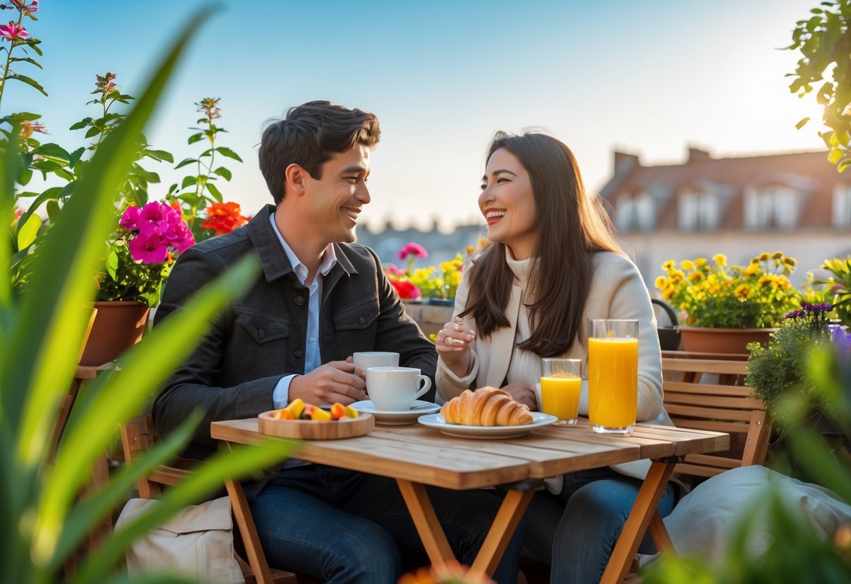 A young couple sitting at a café table outdoors, enjoying coffee and breakfast together on a sunny morning.