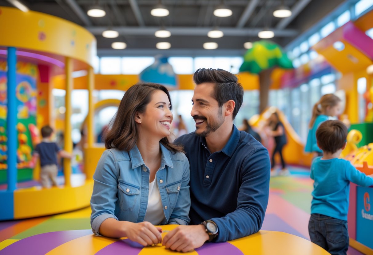 A couple enjoying interactive exhibits inside a children’s museum with families and children in the background.