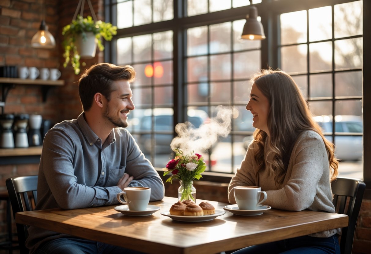 A young couple enjoying coffee together at a cozy table inside a coffeehouse.