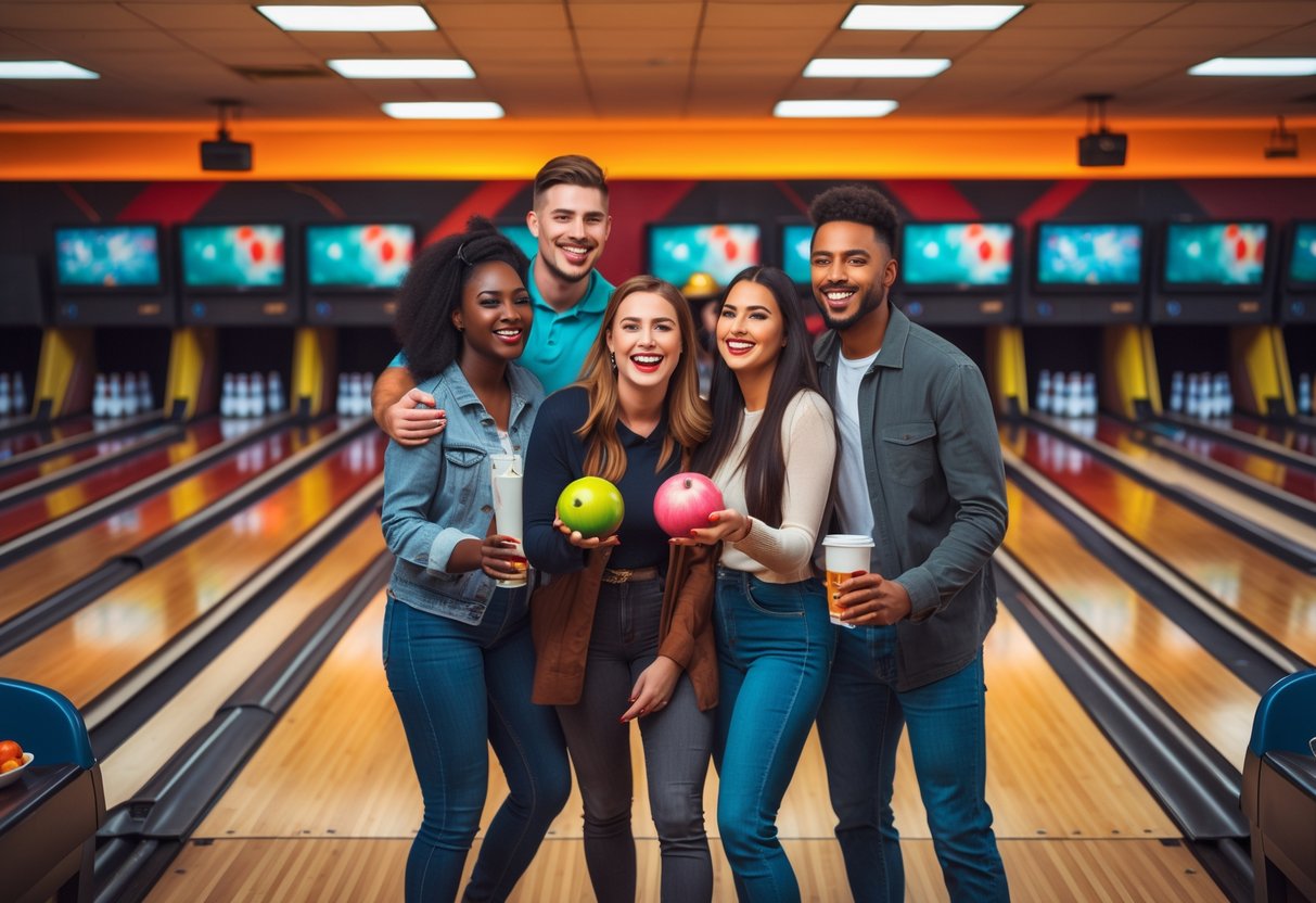 People enjoying a game of bowling together at a bowling alley with lanes and seating areas.