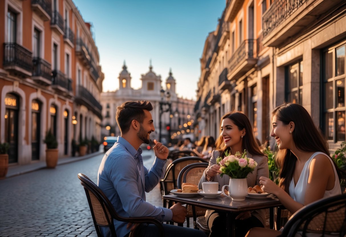 A young couple enjoying coffee and tapas at an outdoor café terrace in Madrid with classic Spanish buildings and a clear sky in the background.