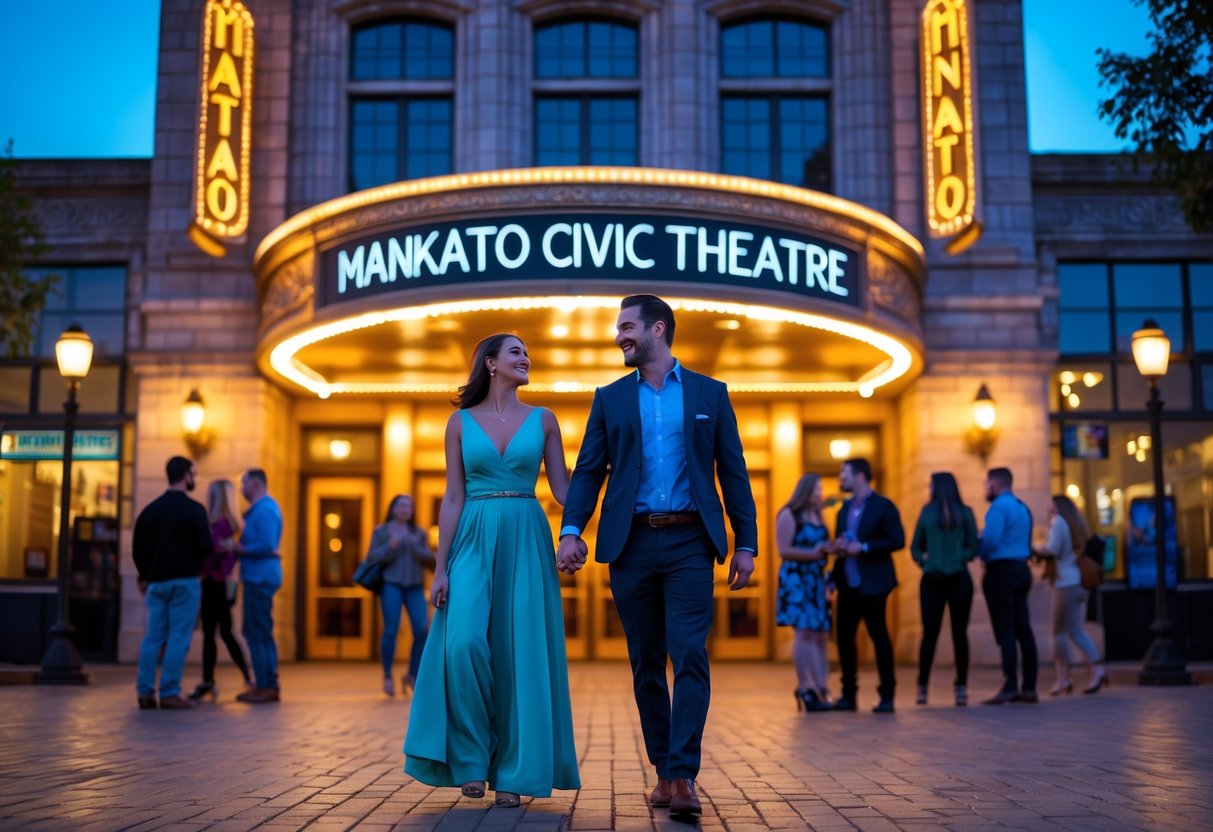 A couple walking hand in hand toward the entrance of a lit historic theatre building at night.