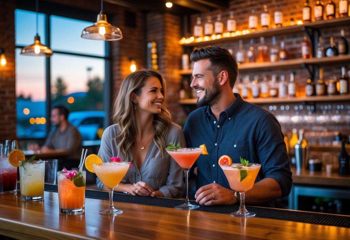 A couple enjoying craft cocktails at a cozy bar with warm lighting and rustic decor.