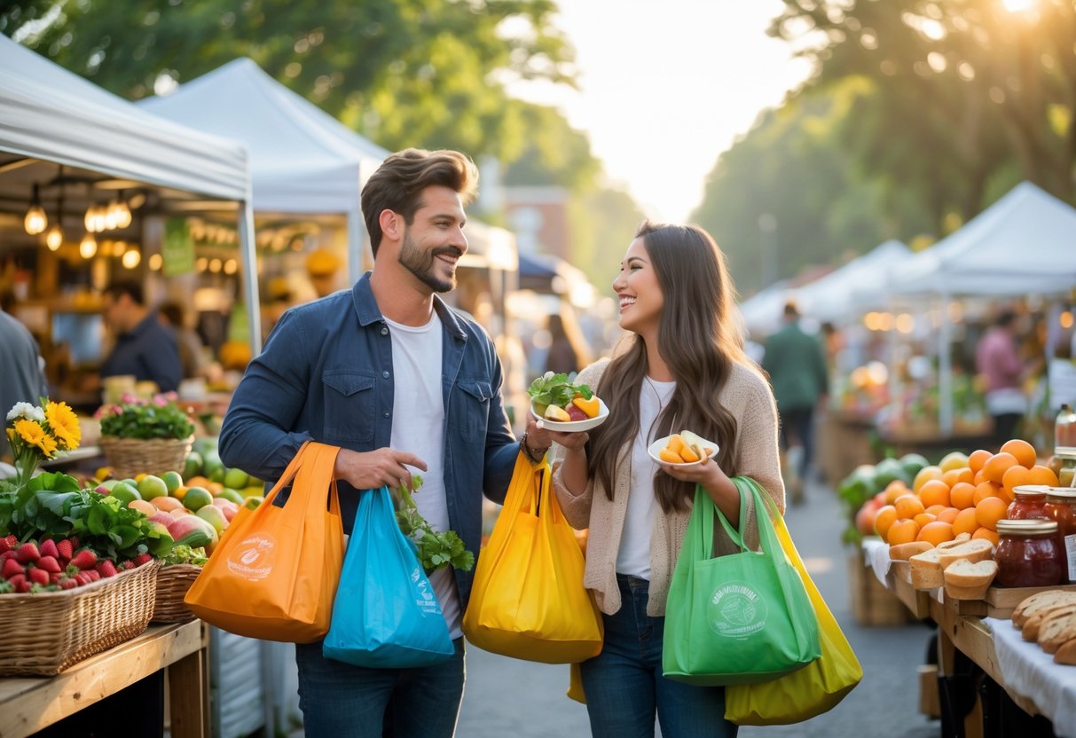 A young couple enjoying fresh produce and treats at a busy local farmers' market in the morning.
