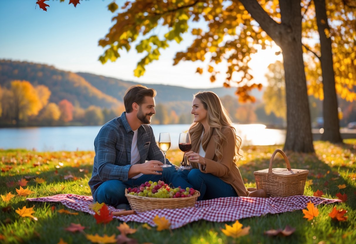 A couple having a picnic outdoors surrounded by autumn leaves near a river in Mankato, Minnesota.