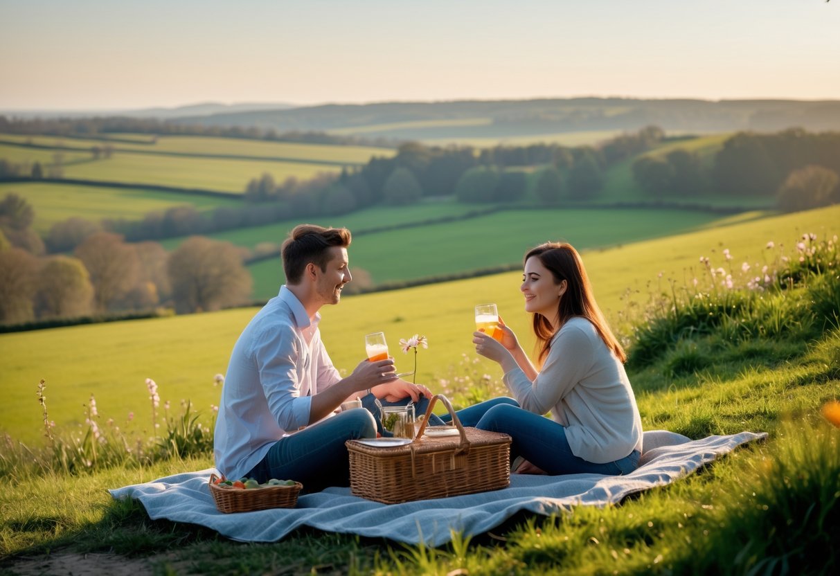 A young couple having a picnic on a grassy hill overlooking green fields and woodlands in the Midlands during sunset.