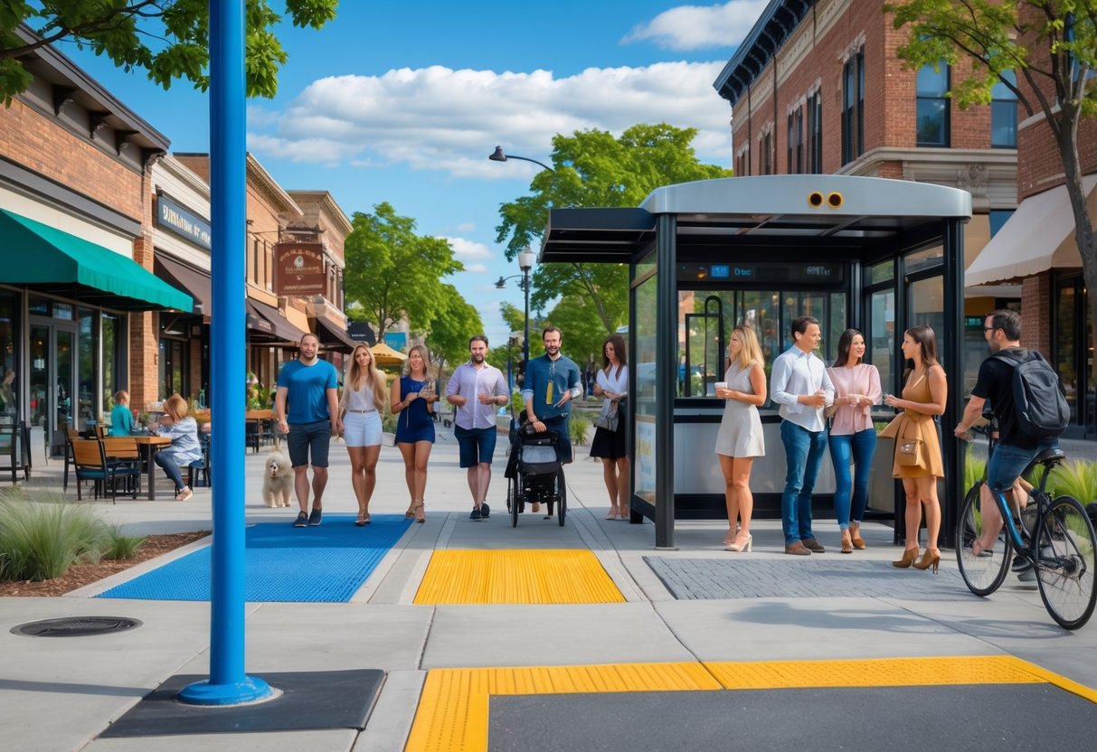 People waiting at a bus stop and walking along accessible sidewalks near shops and cafes in a sunny Mankato city street.