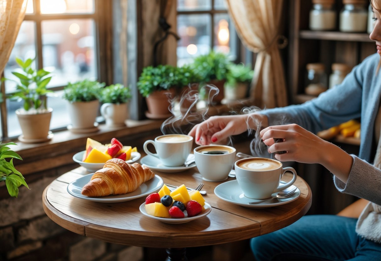 A cozy brunch setup for two at a small café table with coffee, croissants, and fruit, bathed in soft morning light.