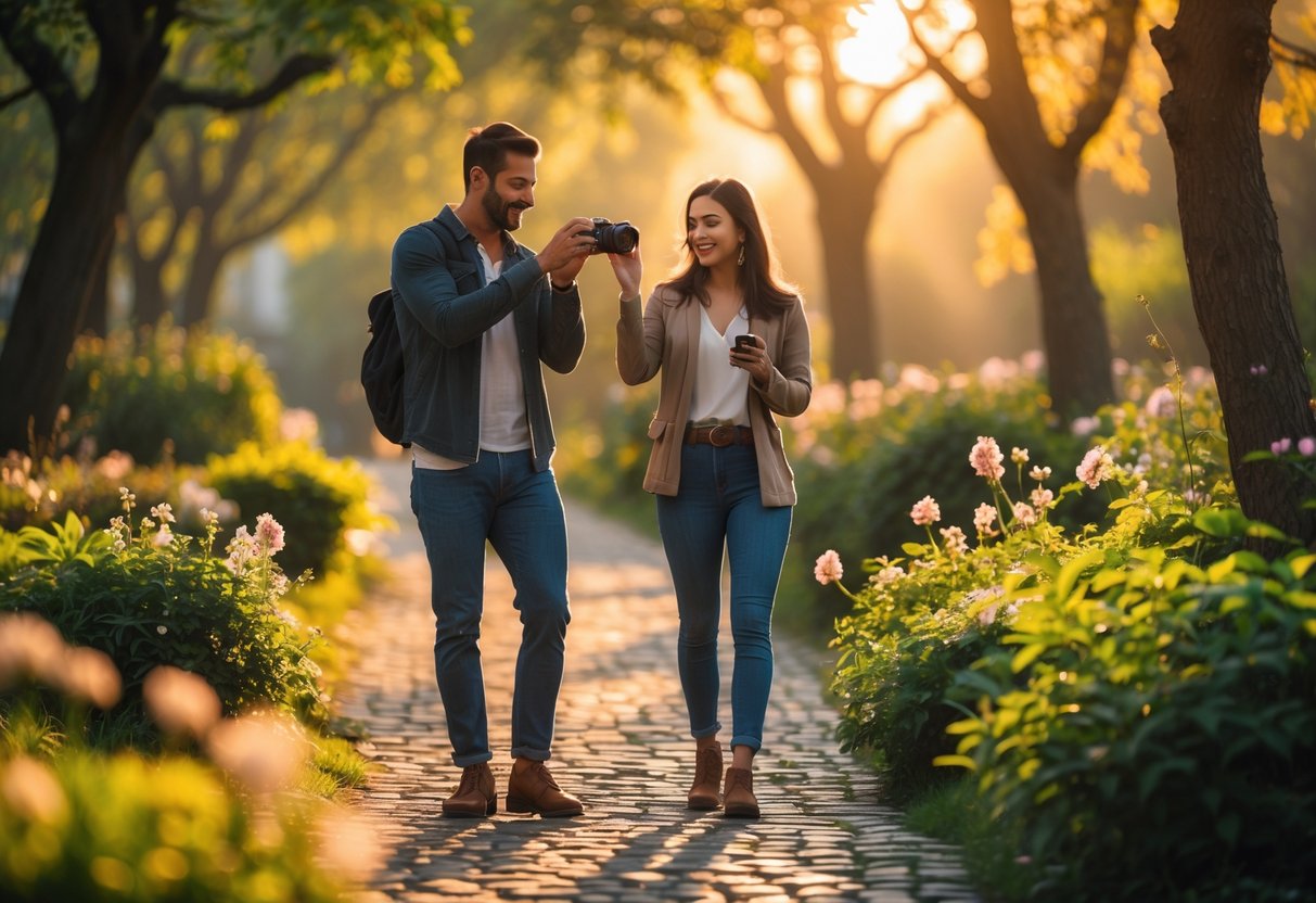 A couple walking on a sunlit path surrounded by trees and flowers, taking photos together in the morning.