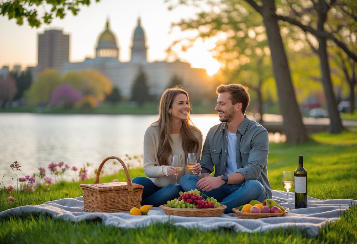 A young couple enjoying a picnic by a lake with the Madison skyline and Wisconsin State Capitol in the background.