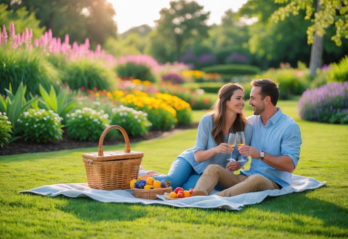 A couple enjoying a picnic on a blanket surrounded by flowers and greenery at Olbrich Botanical Gardens.