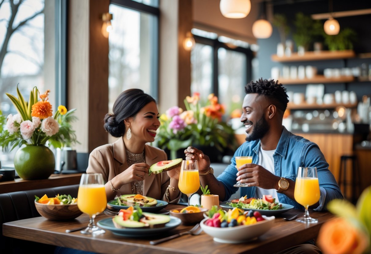 A couple enjoying brunch together at a cozy café with natural light and fresh food on the table.