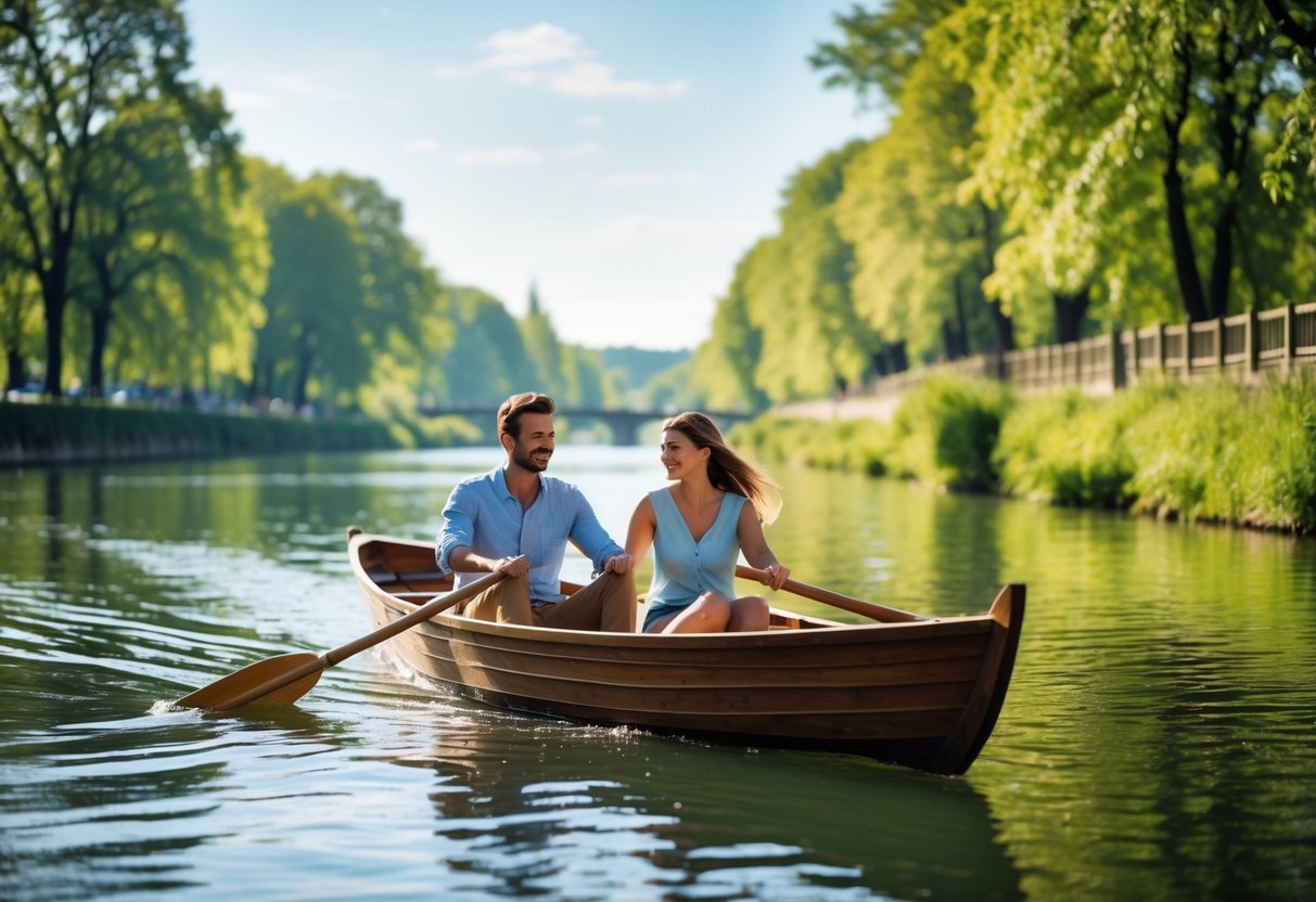 A couple rowing a wooden boat on the Isar River surrounded by green trees and calm water.
