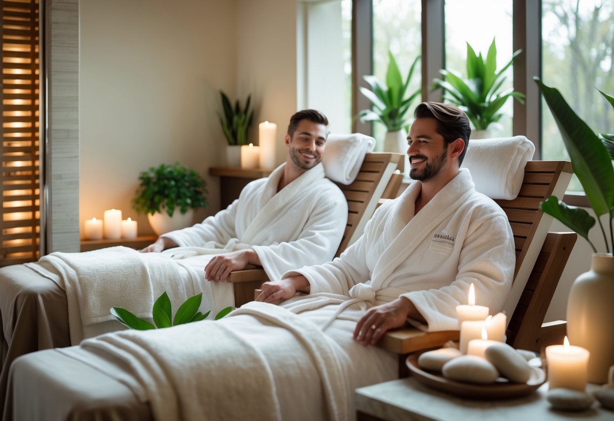A couple enjoying a relaxing spa day together in a bright, peaceful spa room.
