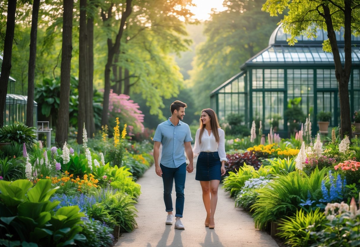 A young couple walking hand-in-hand along a path surrounded by lush plants and flowers in a botanical garden.