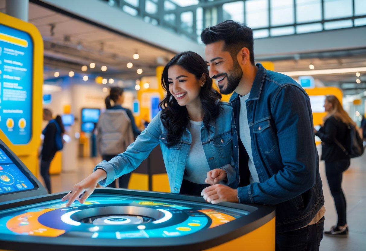 A couple enjoying an interactive science exhibit together inside a bright museum.
