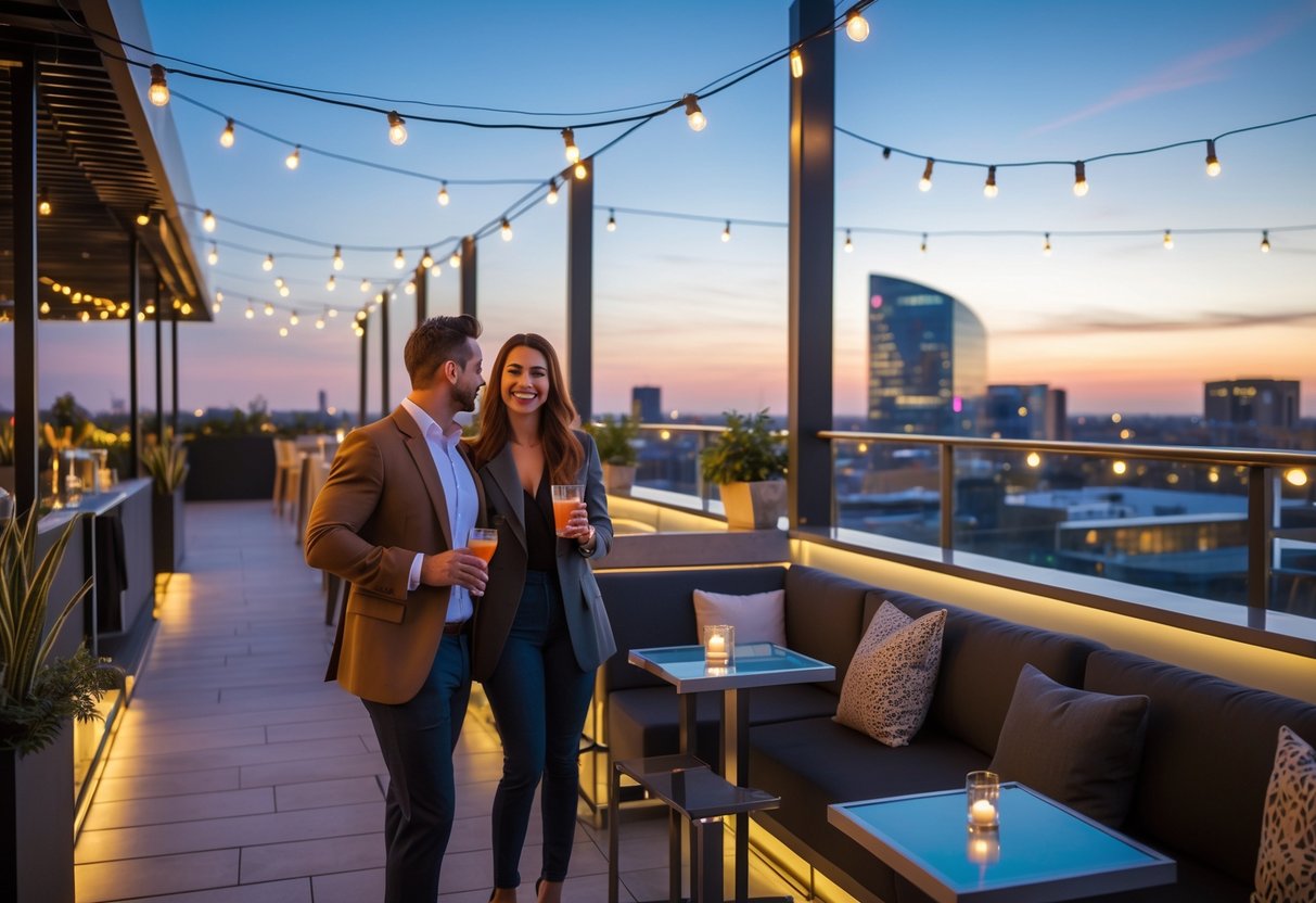 A couple enjoying drinks together on a rooftop terrace overlooking the Birmingham city skyline at sunset.